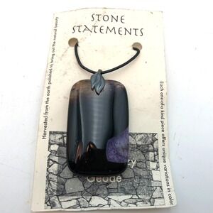 Agate Druzy Geode Stone Statements Necklace Pendant Leather Cord Silver Tone